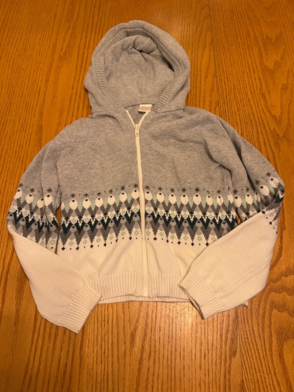 Gymboree Gray and White Hooded Zip Cardigan with Fair Isle Size 7/8